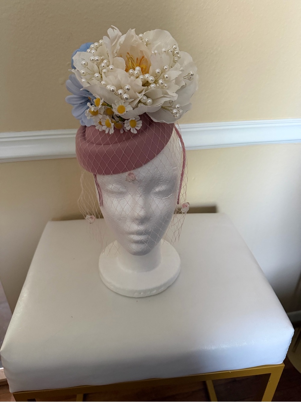 Pink Floral Pillbox Fascinator Hat with Veil